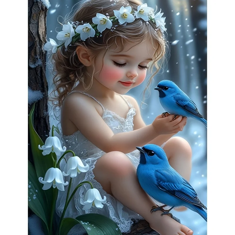 

Diamond Painting Kit Featuring a Little Girl And a Bluebird Design, 5D Acrylic Full Round Diamond Mosaic Painting by Numbers,