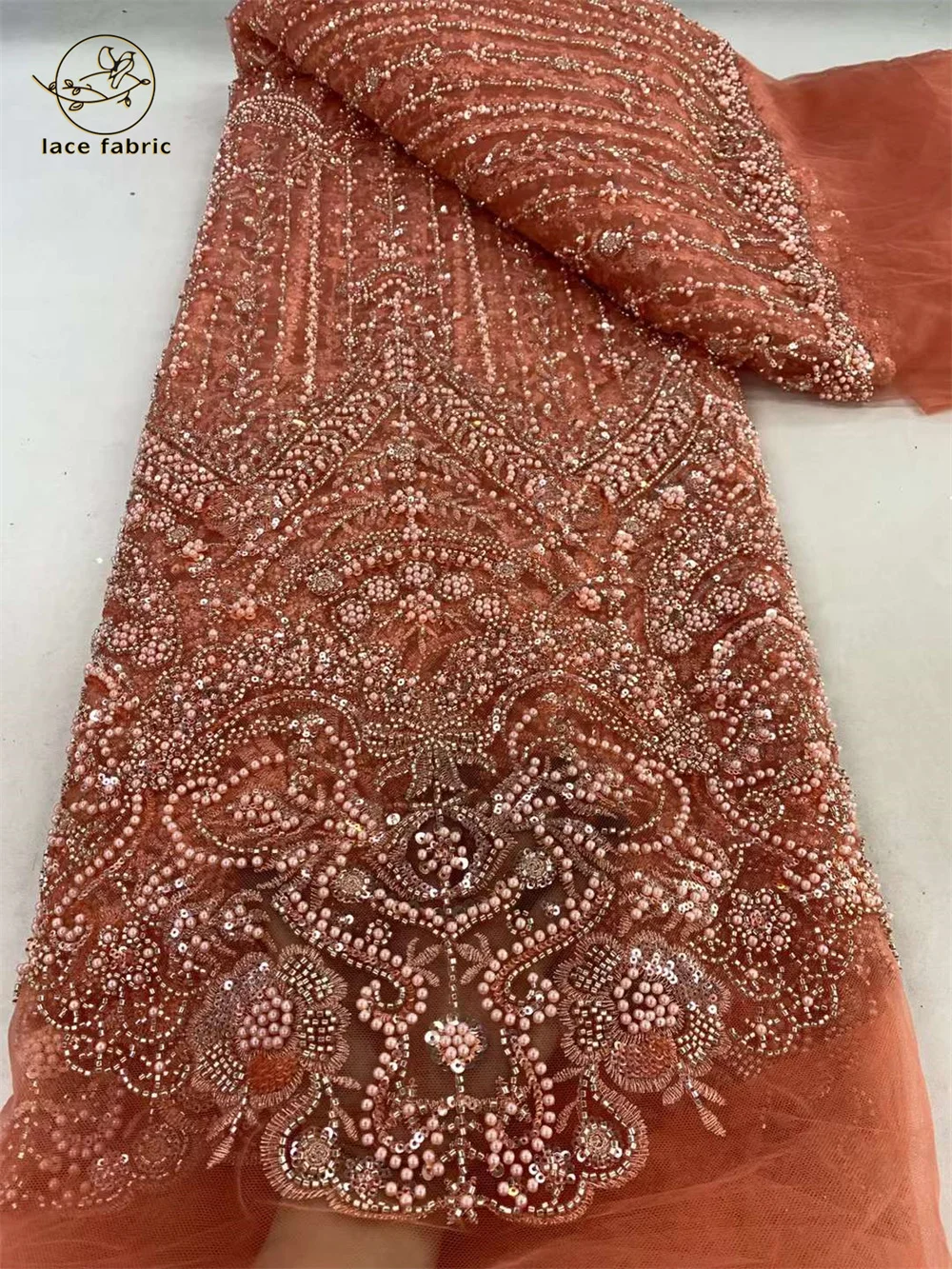 Luxury Hand Beaded Lace Fabric Bridal Fabric High-end Wedding Fabrics French Nigerian Sequins Beads Embroidered on Tulle 5 Yards