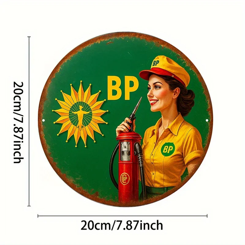 2D Flat - 1pc Vintage BP Girl Fuel Metal Sign | 2D Flat, Aluminum, 20.32x20.32 cm Retro Gas Station Plaque for Cave, Bar Wall De