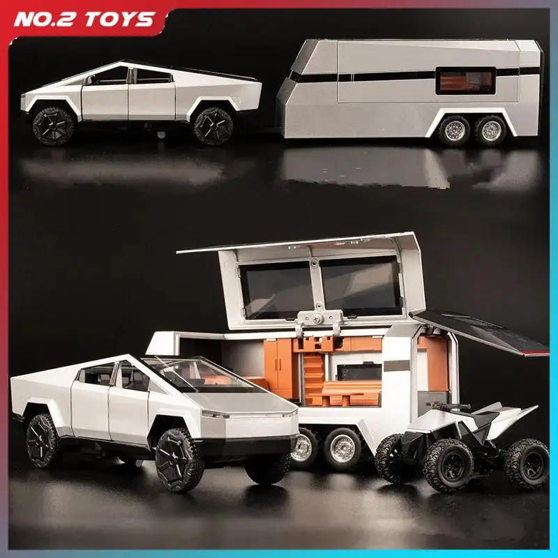 1:32 Alloy Pull Back Pickup Trailer RV Model with Lights Music Simulation Recreational Vehicle Diecast Truck Car Toy Ornaments