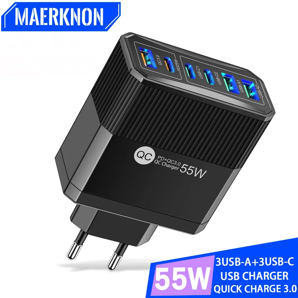 55W USB Fast Charger PD Type C Quick Charge 3.0 Phone Charger EU/US/UK/KR Plug Adapter For iPhone 15 Xiaomi Samsung Wall Charger