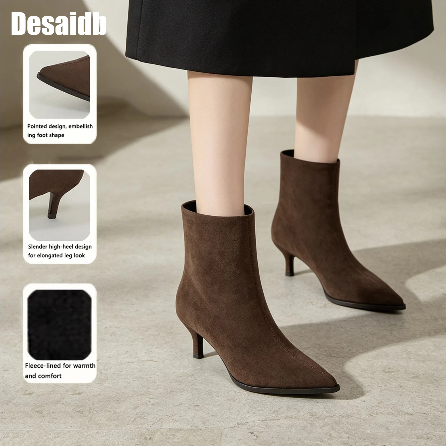 Desaidb Women's Autumn Winter Fleece Lined Suede Boots, Pointed Toe Slim Heel French Style Slim-fit Mid-Calf & Ankle Boots