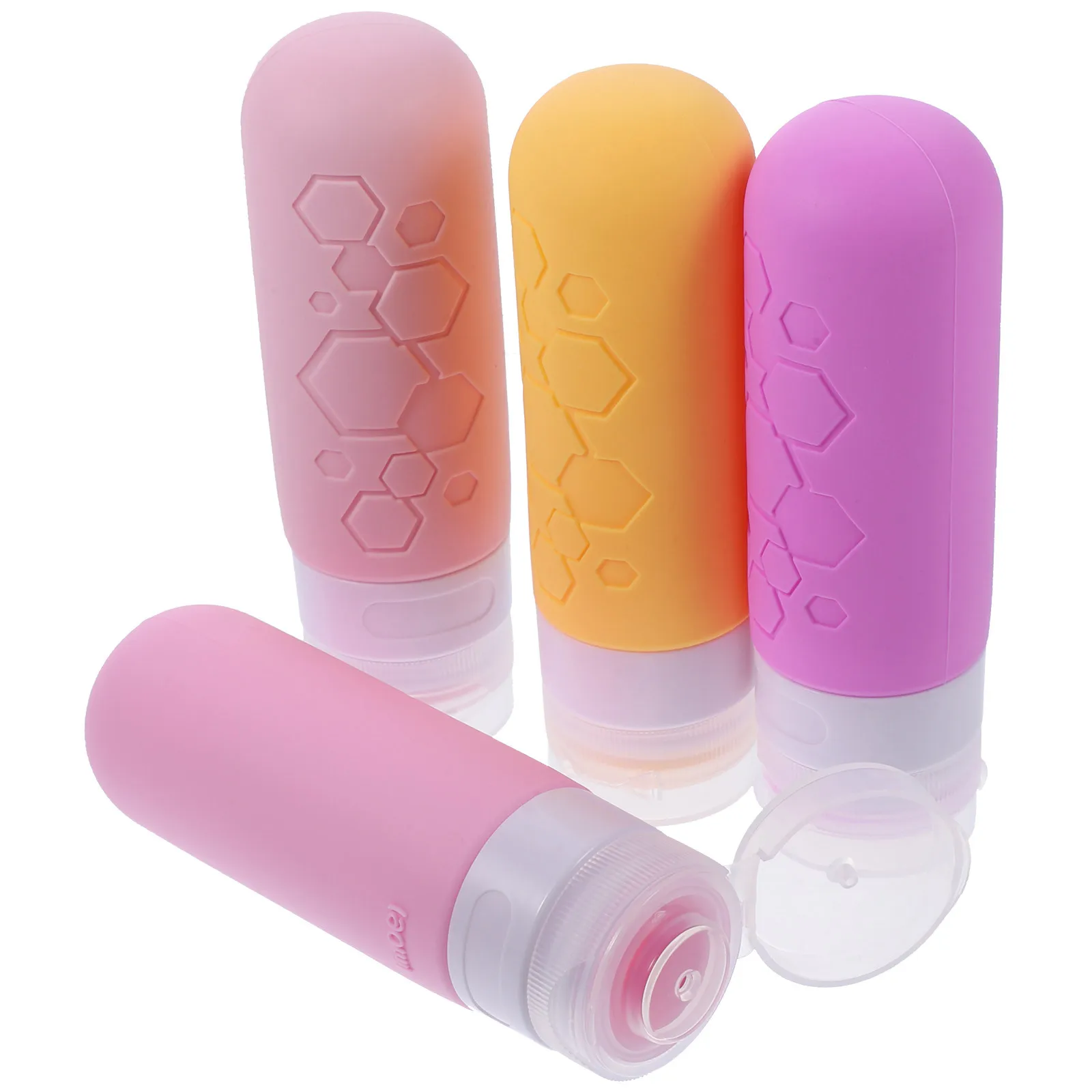 Garrafas de viagem de silicone, 4 unidades, à prova de vazamento, produtos de higiene pessoal, recipientes recarregáveis, 90ml, tamanho portátil, conjunto para shampoo, loção