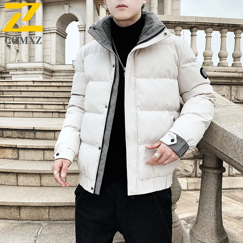 Winter Cotton Jacket Men's Casual Retro Large Fur Collar Padded Warm Loose Parkas Women Solid Color Zipper Windproof Hooded Coat