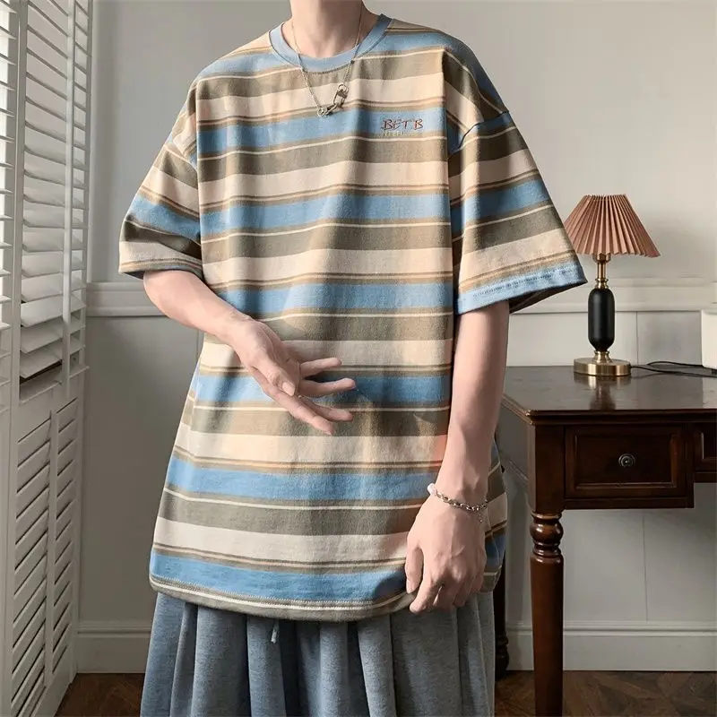 Summer Striped Printed Men O Neck Short Sleeve T Shirt Embroidery Graphic Japan Style Hit Color Fashion Casual Oversized Clothes