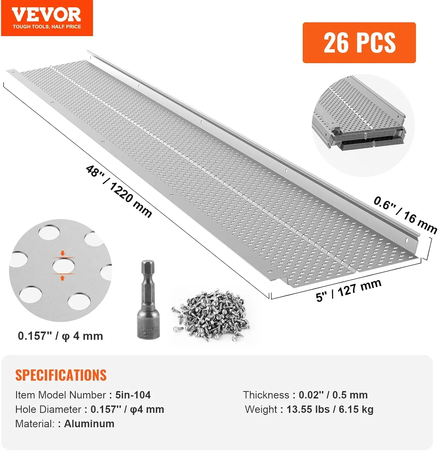 واقي مزراب، عرض 5 بوصة، غطاء مزراب DIY لمرشح أوراق الألومنيوم، 26 قطعة بطول إجمالي 104 قدم، قطر الثقب 0.157 بوصة