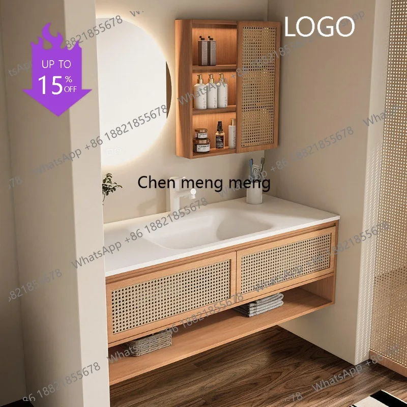 D1089 Armário de banheiro com lavatório integrado de Corian, com acabamento em madeira, detalhes em rattan trançado e pedra sinterizada com curvatura a quente, conjunto para banheiro.