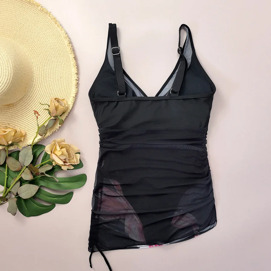 sexy fake two pieces flower print swimsuits one piece mesh drawstring bikinis swimwear bodysuits women biquini bathing suits