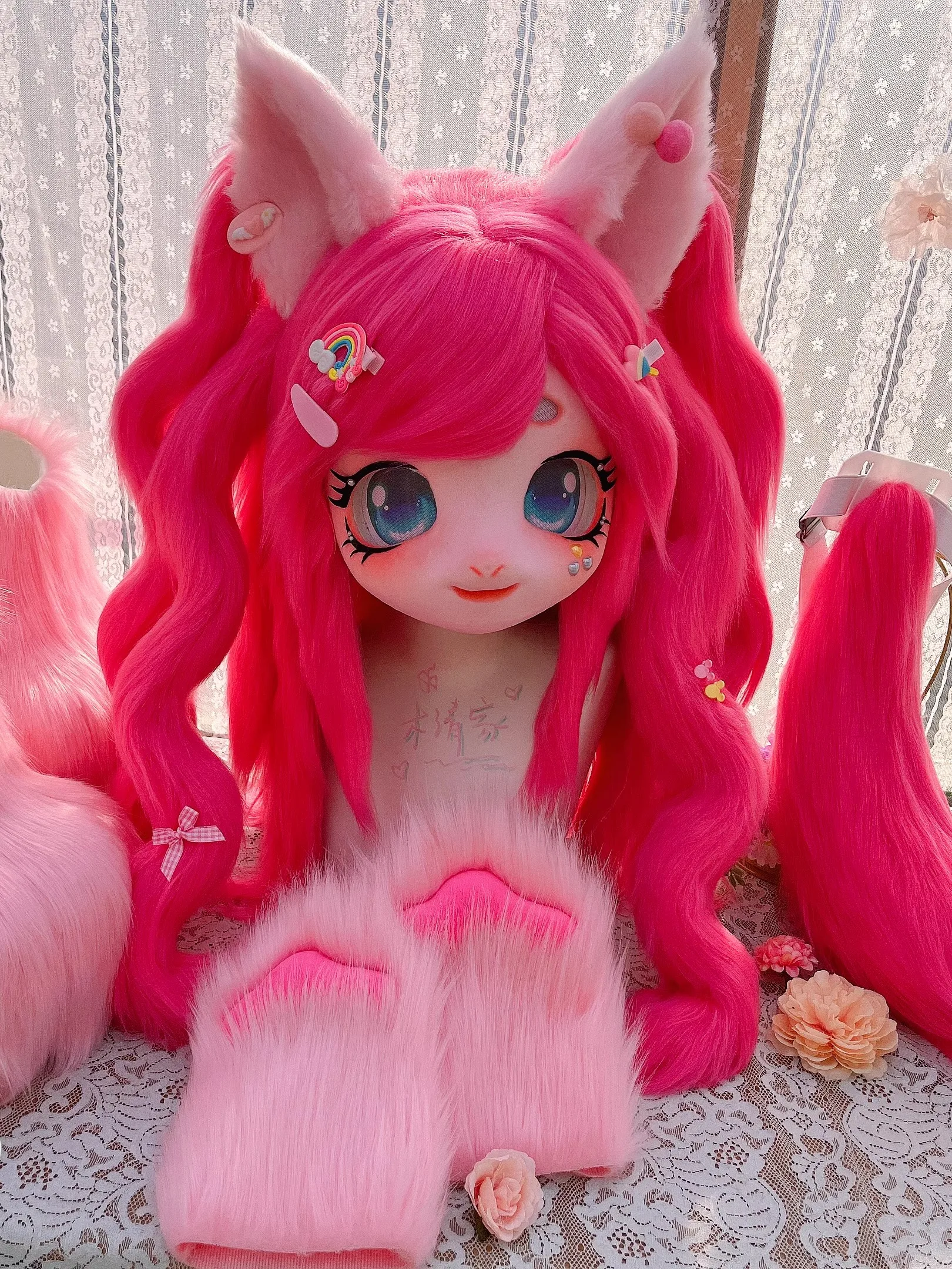 Fursuit de Anime para niños, disfraz de Cosplay peludo Kigurumi, cabeza de pelo azul, zapatos de cola de pata, muñeca Comiket Furries, máscara Kig, regalo de 5 a 18 años