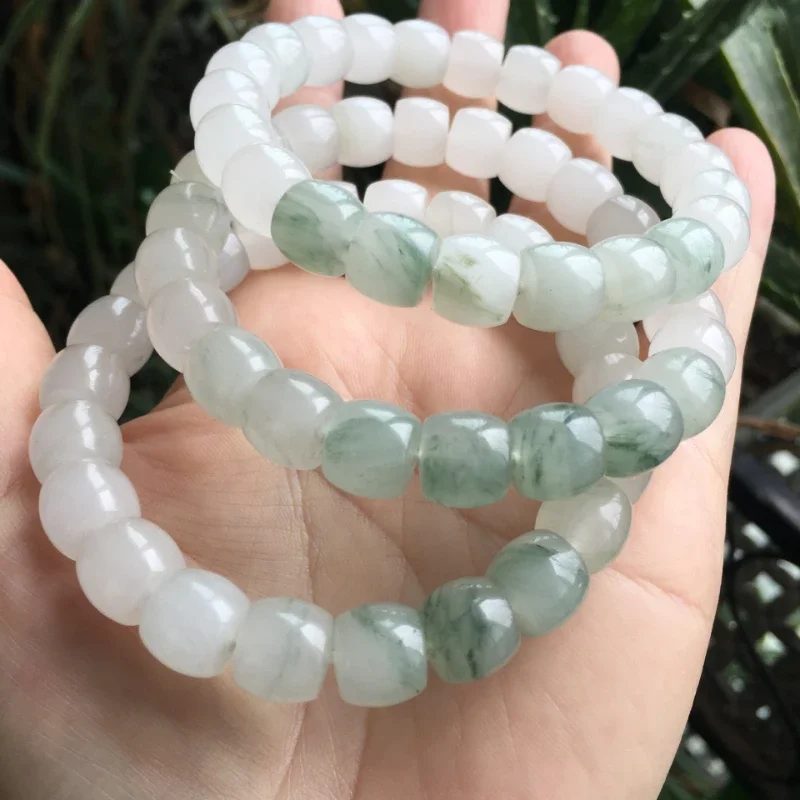 Natural Xinjiang gold silk jade Tianshan green straight cut surface old bead bracelet women's boutique hand jewelry