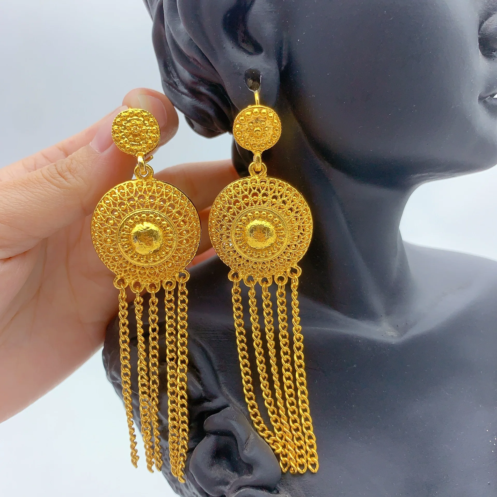 

Long Tassel Luxury Bridal Earrings For Women 24K Gold AU999, Pure Gold Texture For Wedding
