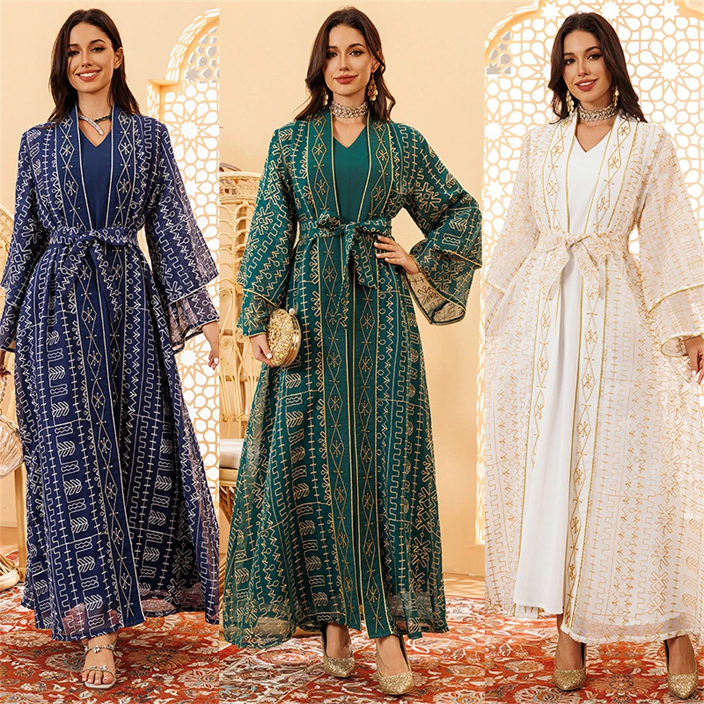 

Women Eid Muslim Abaya 2 Piece Set Embroidery Long Robe Ramadan Jalabiya Full Length Morocco Dubai Abayas