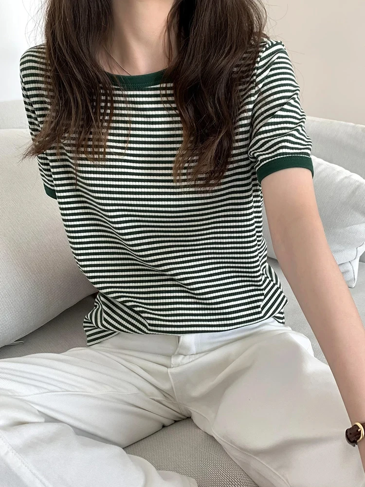 Summer New Korean Striped Short Sleeve T-shirt Women's Version Loose Retro Contrast Slim Round Neck Women's Fashion Casual Tops