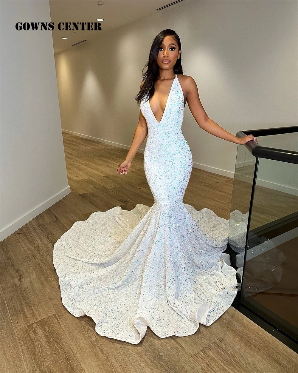 

Halter White Sequin Prom Dresses Lace Up Elegant Evening Dresses 2025 Black Girls Mermaid Formal Gown Wedding Party Customized