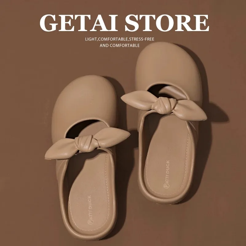 Женская обувь, тапочки с закрытым носком, повседневные шлепанцы, туфли-лодочки на платформе для женщин, 2026, новая роскошная массажная обувь на плоской подошве с узлом-бабочкой, летняя мода