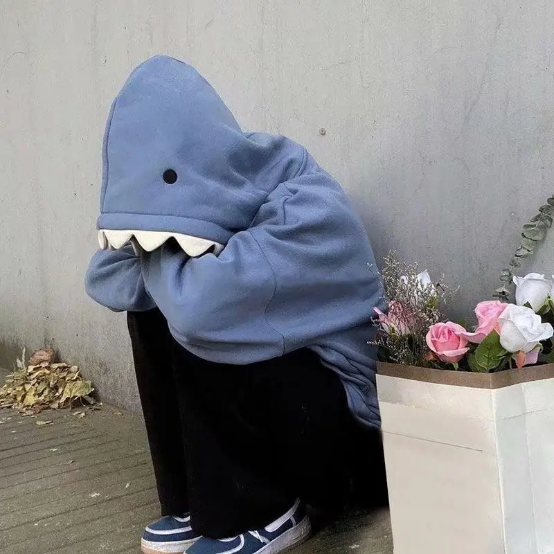 Shark Sweatshirt Women\'s Blue Hoodies Long Sleeve Shark Shape Couple Pullover Animal Hooded Cartoon Sweatshirt for Men Women