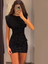 Women Sequins Party Short Black Red Dress New Fashion Autumn Sleeveless Pad Bead Mini Dress Female Slim Dress Vestidos