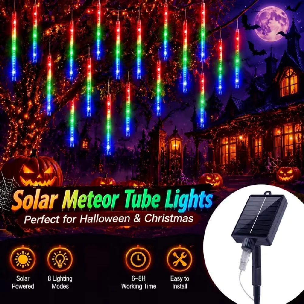 8 Tubes Meteor Shower Rain Lights Solar Falling Cascading Icicle Lights for Tree Eaves Xmas Holiday Party Christmas Decor Lights