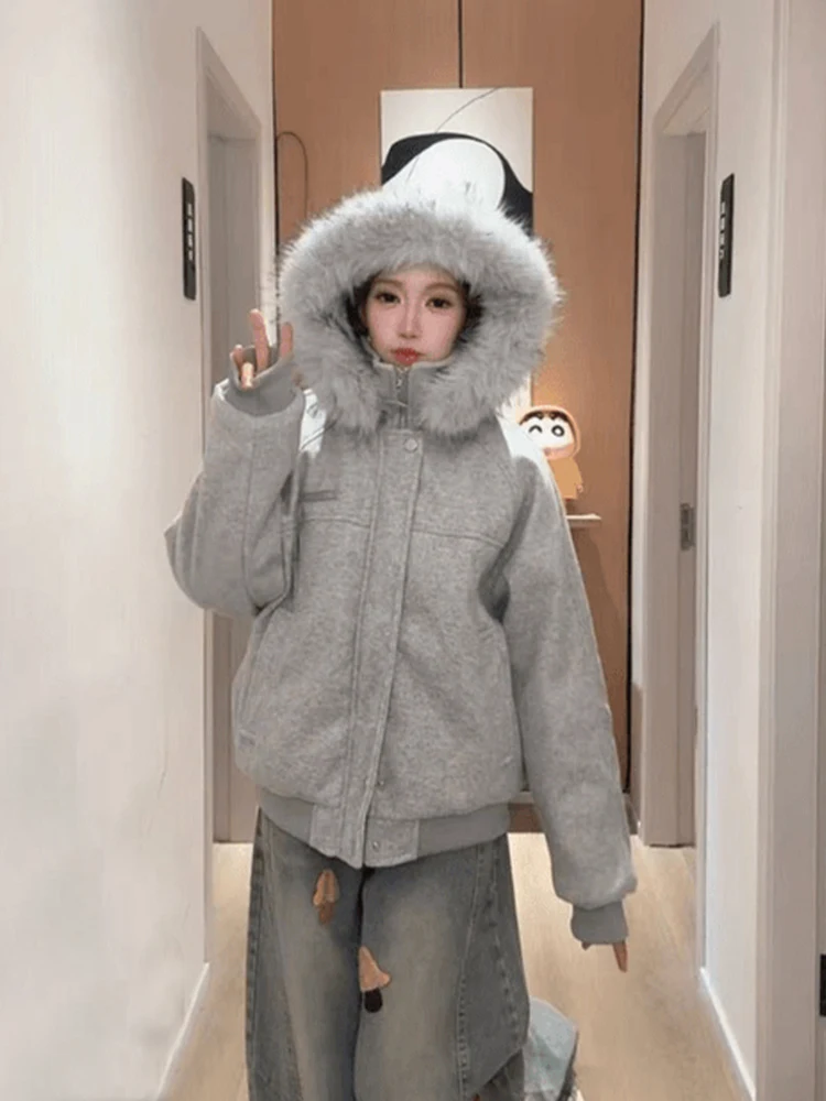 

American Tweed Patchwork ort Thiened Winter Coat Women's Cotton Jaet with Fur Collar Couples Cotton Padded Coat