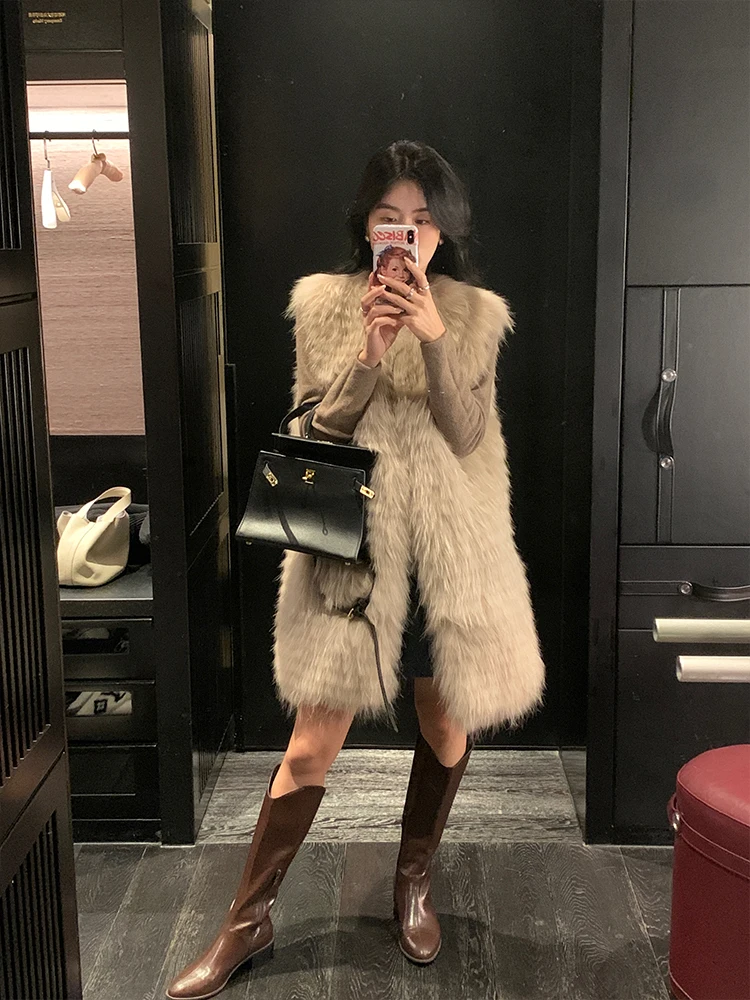 

JAJA Fur New Autumn Winter Women's Medium Length Vest Rabbit Fur Slimming Anti-Aging Real Fur Luxury Sle round Neline