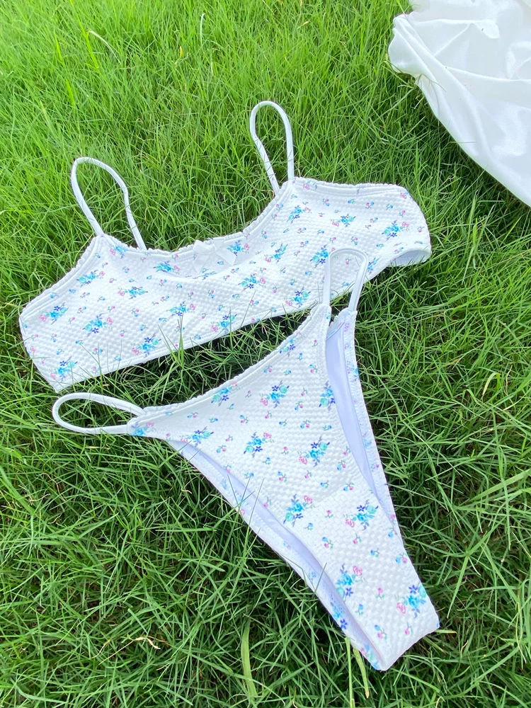 Lace Up Swimwear Thongs Three Piece Bikinis Sexy Swimsuit Women Beachwear Print Bandage Bathing Suit String Bordered Bikini Sets