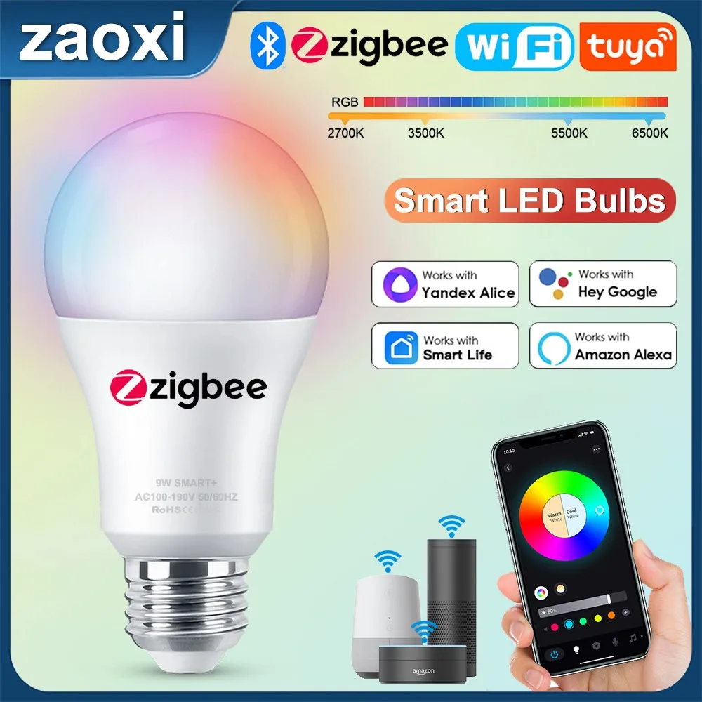 Bombilla LED inteligente Zigbee/Tuya/WIFI/Bluetooth 2700-6500K RGB bombilla de sincronización regulable funciona con Alexa Google Home Control de voz