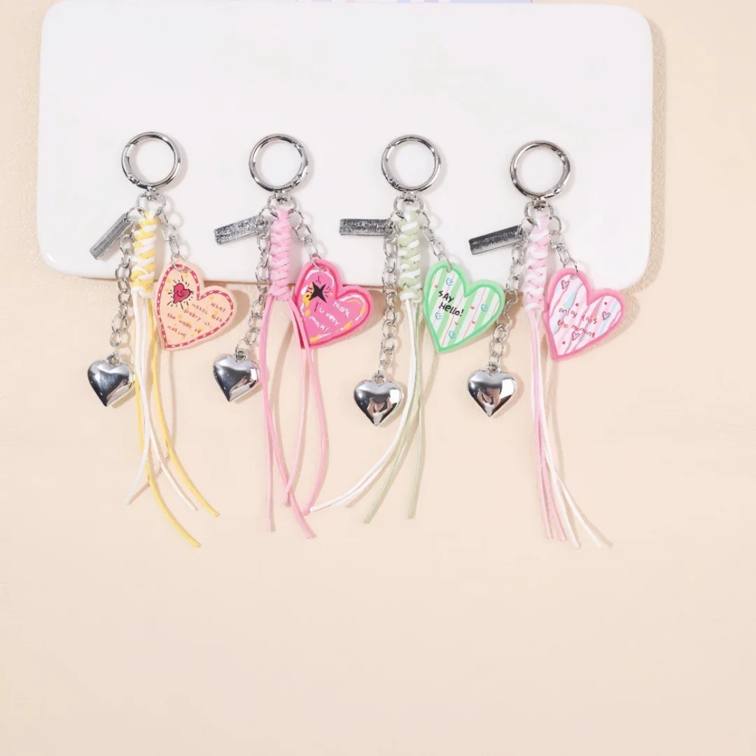 

Colorful Heart Keychain Acrylic Tassel Bag Charm Sweet Letter Metal Pendant Women Girls Phone Strap Fashion Accessories