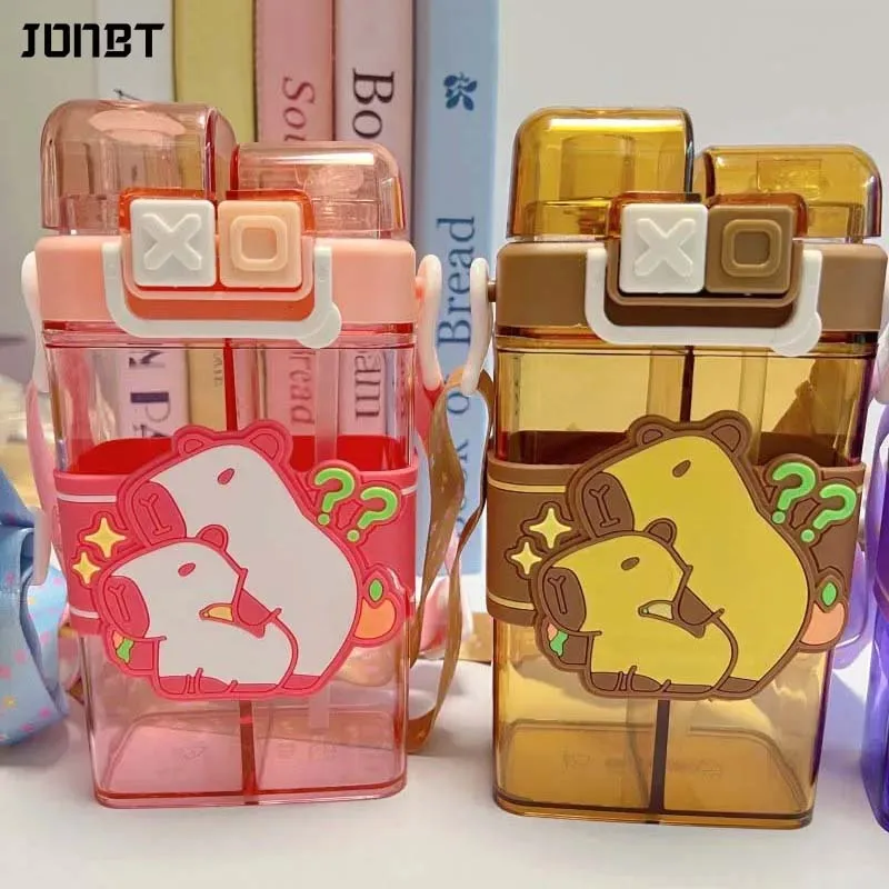 

580ML Capibara Kids Plastic Water Bottles For Girls Boys School Double Drinking Cup Cartoon Cute Straw Compartment Water Bottle