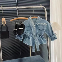 Autumn New Girl's Denim Jacket Temperament Baby Girls Pearl V-neck Slim Elastic Waist Denim Short Coats Kids Clothes