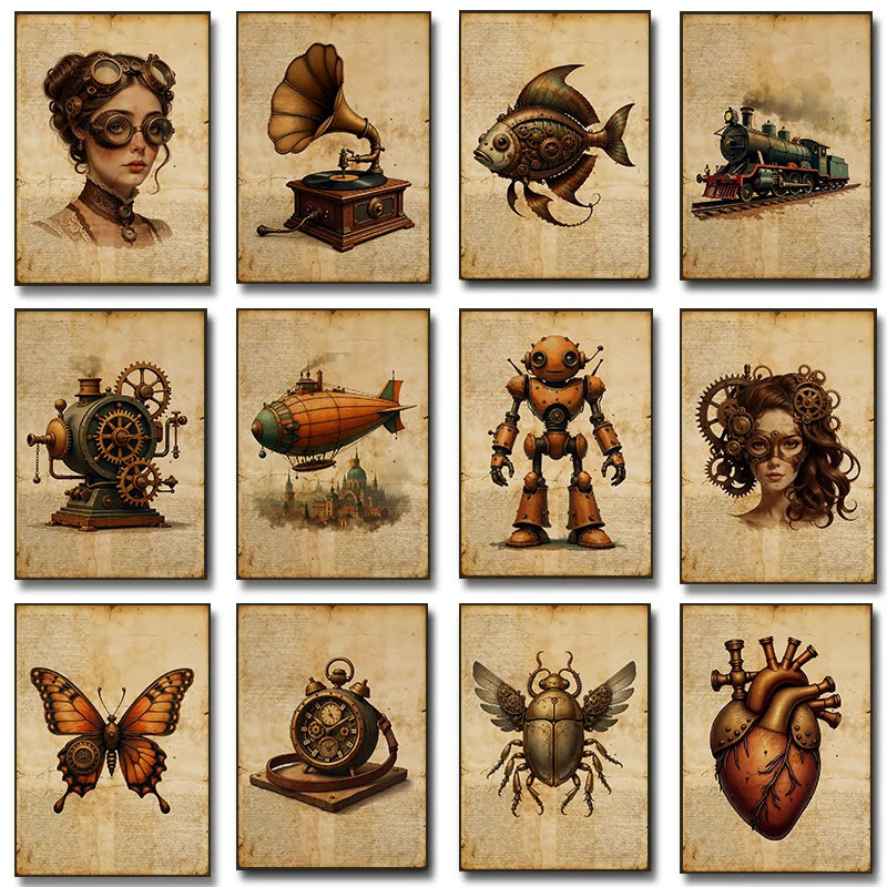 (2D Canvas Painting) Classic Vintage Steampunk Gramophone Airship Posters Robot Machine Gears Prints Canvas Painting Wall Art
