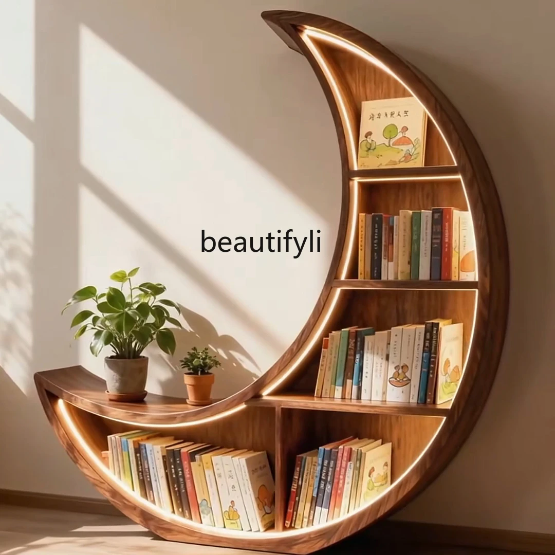 

New Chinese Style North American Black Walnut Moon Bookshelf Irregular Simple Bookshelf Integrated Storage Bookcase