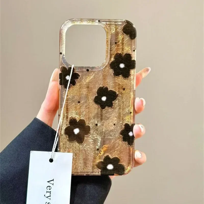 Retro Brown Black Spots Flowers Tinfoil Phone Case For iPhone 16 Pro Max Cases iPhone 15 14 13 12 11 XS Max XR X 7 8 Plus Cover