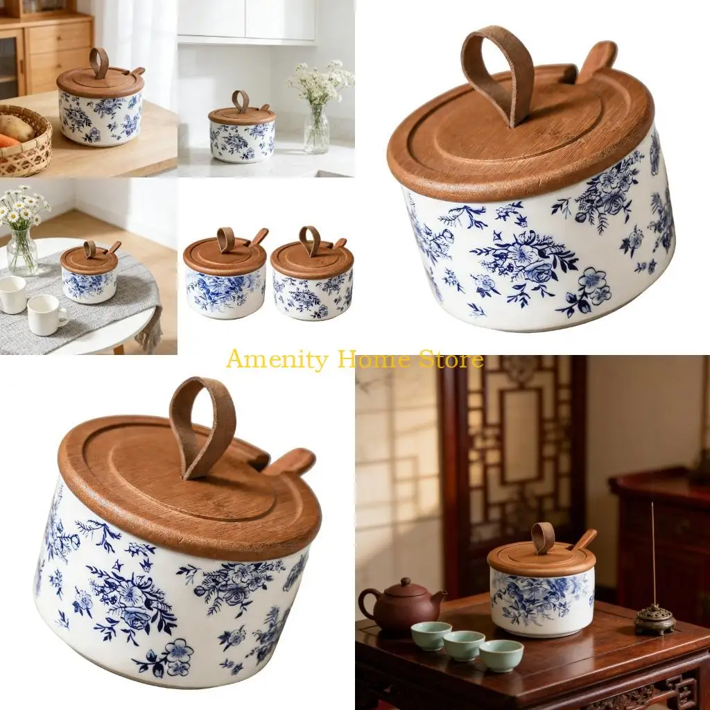 F26C Elegant Retro Ceramic Salt Jar With Lid And Measuring Spoon Seasoning Container for Countertop Kitchen Gadget