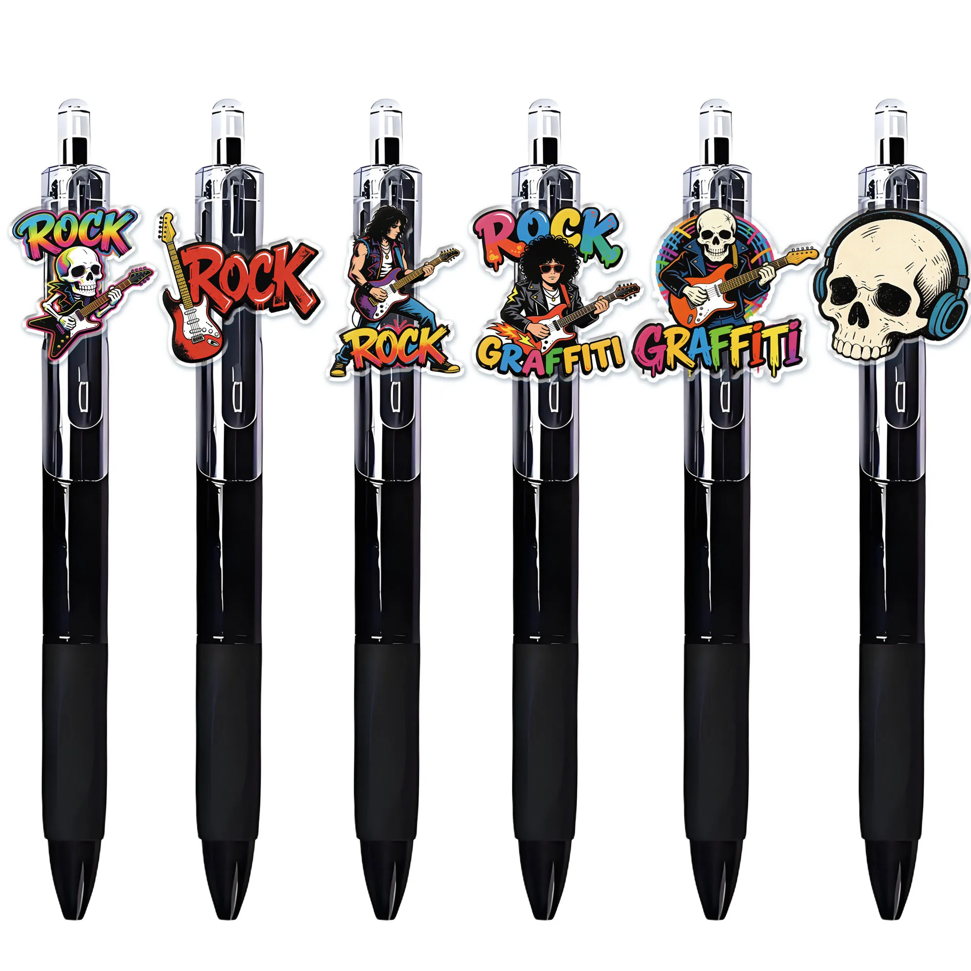 12pcs Creative Black Rock Music Theme Ballpoint Pen Black Pen Holder Press Creative Pen School Season Student Writing Gift Pen