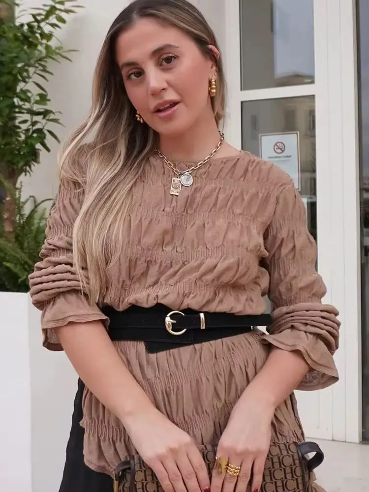 

HH женский осенний модный вязаный топ на шнуровке с круглым вырезом и длинными рукавами, женский элегантный плиссированный повседневный топ с асимметричным подолом Mujer