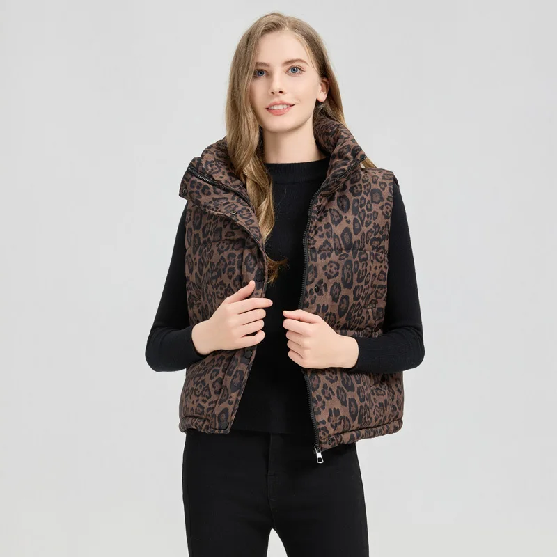 

Leopard Print Vest For Women 2025 Autumn Winter New White Duck Down Stand Collar Waistcoat Stylish Short Jacket