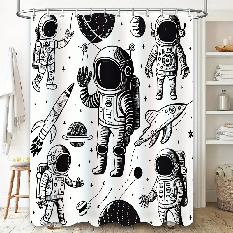 Space Exploration Astronaut Shower Curtain SetBlack White Pattern Print for Bathroom Decor 72\ x 84\