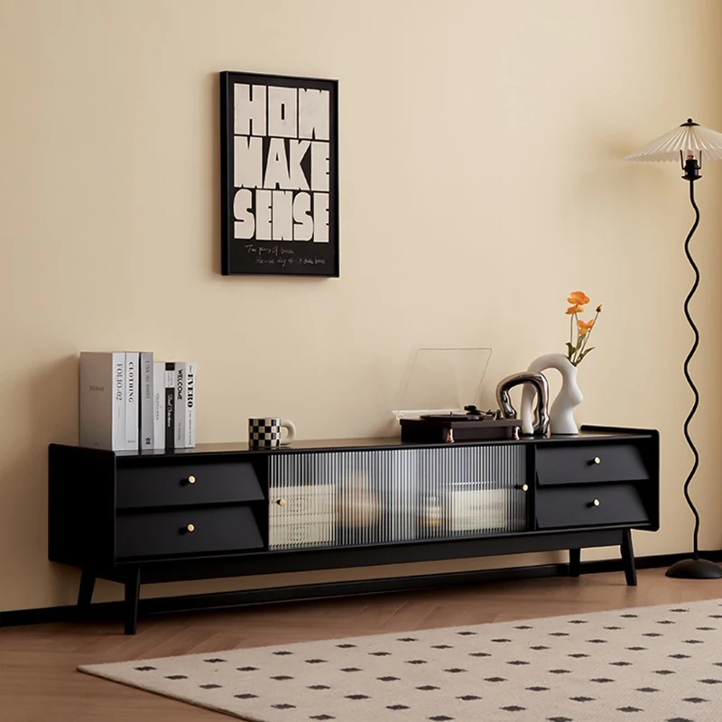 

Solid Wood TV Cabinet for Living Room Home Use French Modern Minimalist Style Black Floor-standing Storage Cabinet Monitor Stand