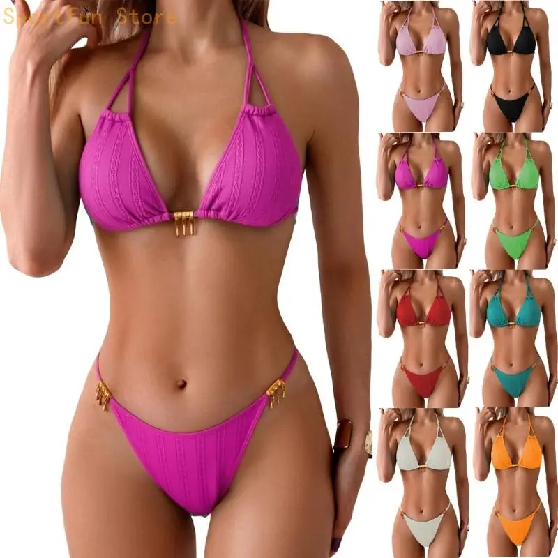 

Women's Halter Neck and Strappy Set, Two-Piece Swimsuit with Sexy and Daring Thong, Color Swimwear X7JD