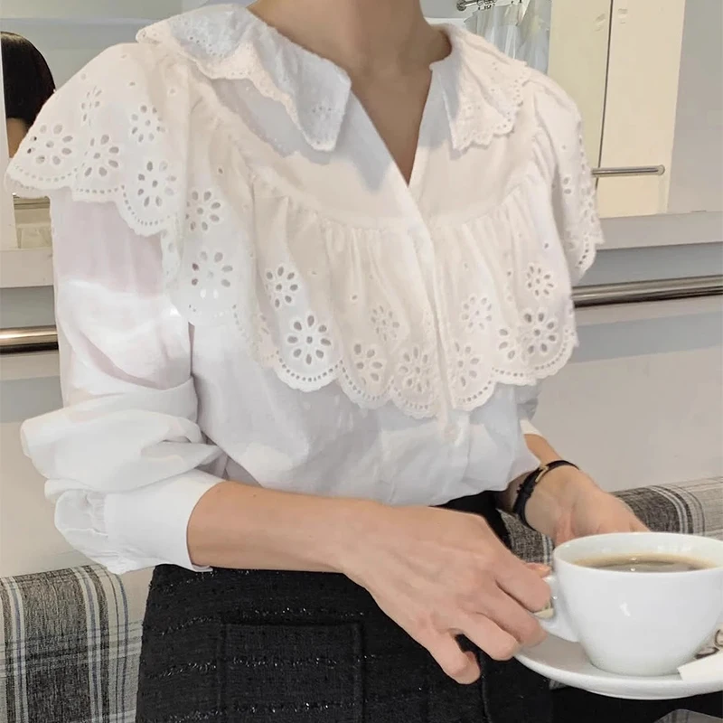قميص نسائي أنيق بنمط كوري للربيع بأكمام طويلة وياقة دانتيل فضفاضة مع نمط زهور مفرغ وتصميم عصري للعمل