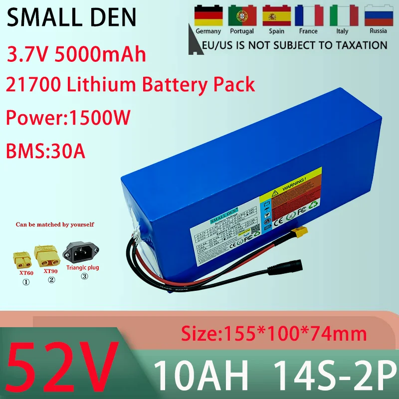 Lithium Battery Pack, 52V, 10AH, 14S2P, 21700, 30A, BMS, 100-1500W, High-Power Rechargeable Battery, 58.8V, 5A Charger, New