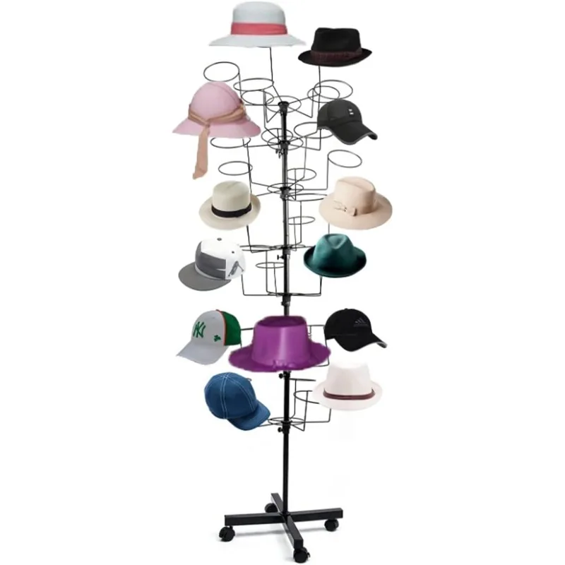 Modern Hat Rack Display, Freestanding Metal Organizer Rack, 5-Tier Wig Display Stand with 25 Circular Hooks, Floor for Hats