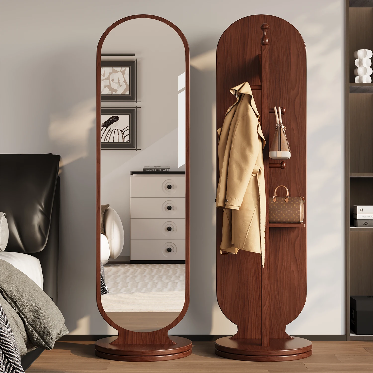 Rotatable full-length mirror Household vertical full-body floor-to-ceiling mirror Bedroom coat rack mirror Integrated