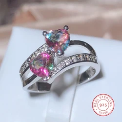 Popular Colorful Double Love-shaped Seven Color Zirconia Ring Female 925 Stamp Valentine's Day Gift Wedding Proposal Jewelry