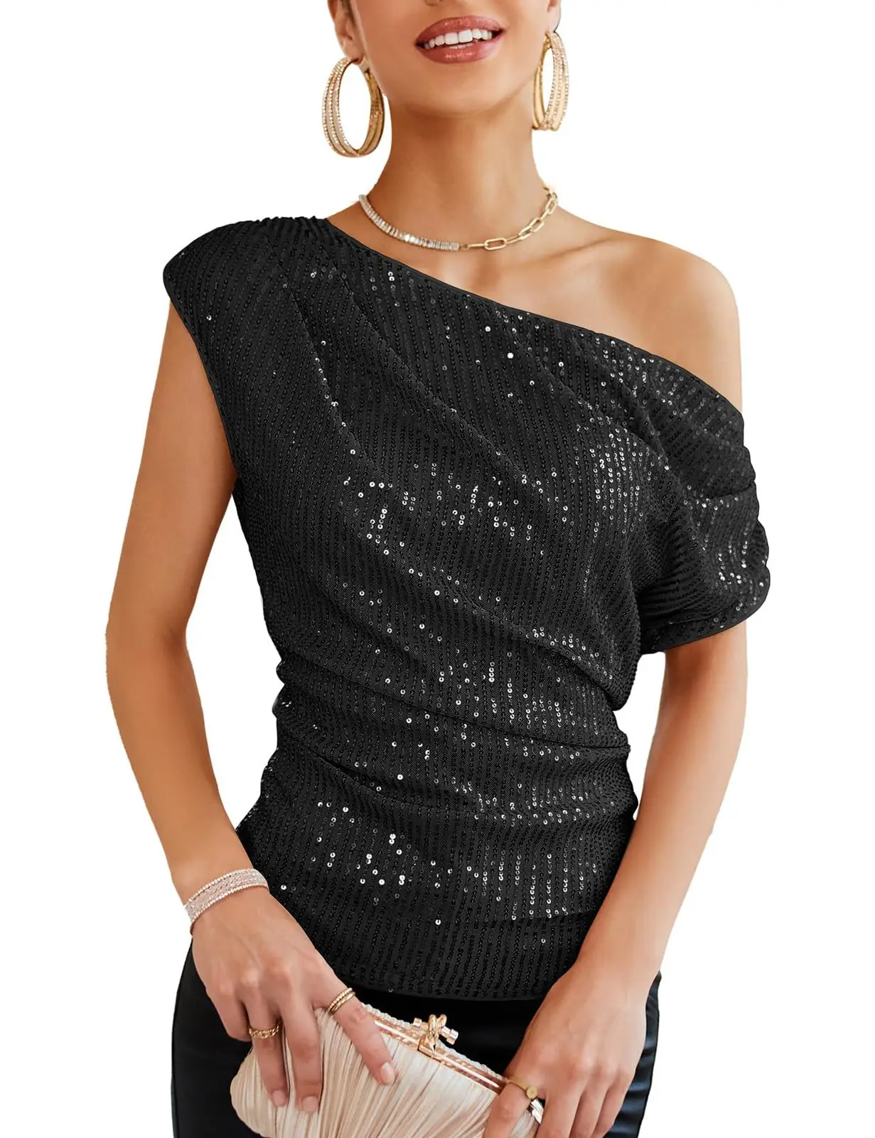 European and American One Shoulder Pleated Top, Short Sleeved Top, Sequin, New, Spring, Summer, 2022