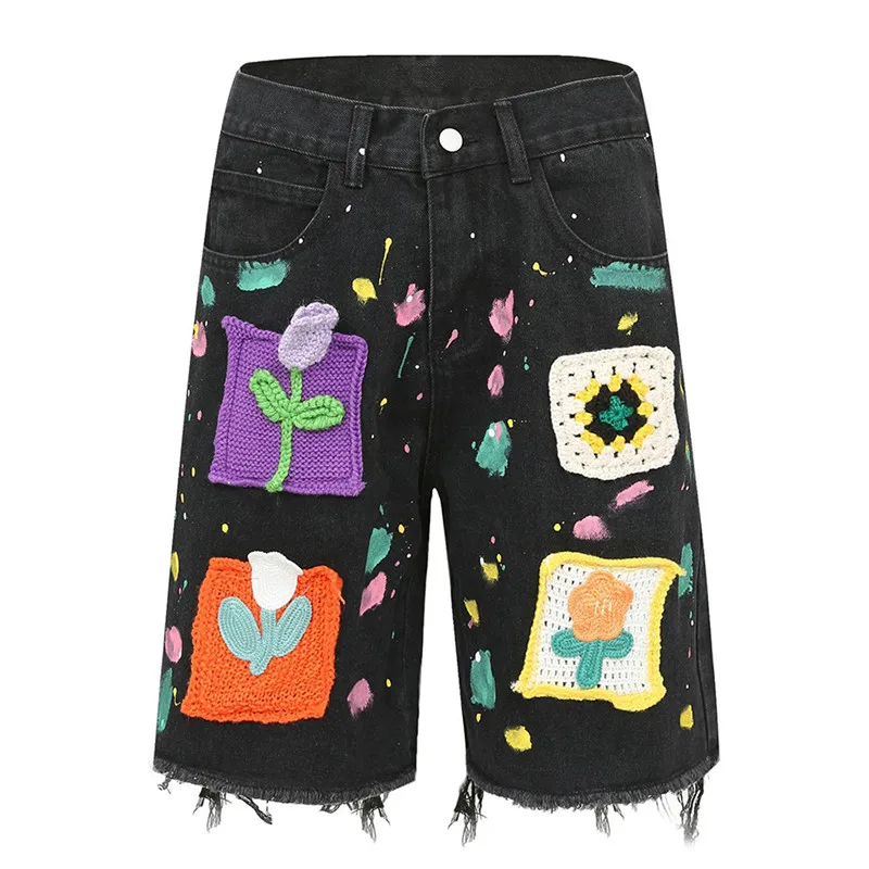 

2023 Summer Painted Denim Shorts With Patchwork Hi Street Y2K Hip Hop Short Jeans Straight Fit