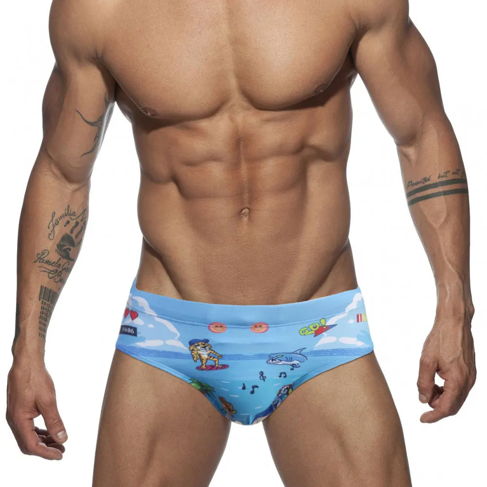 Men's Swim Briefs Sexy Swimming Short Water Sport Beach Pants Swimsuit Blue Printed Swimwear Sexy Male Suilt Surfing Swim Wear