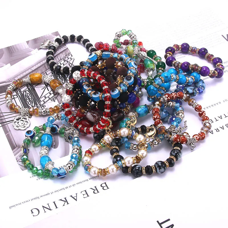 10pcs/set Natural Stone Charms Bracelet Elastic Bracelet Colorful Glass Beads Bracelet For Women Girls Fashion Jewelry Gifts