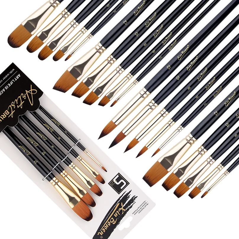 (10set/lot) 5-Piece Paint Brush Set Nylon Bristles Wood Handle for Watercolor, Acrylic, Oil Painting, Face Painting Art Supplies