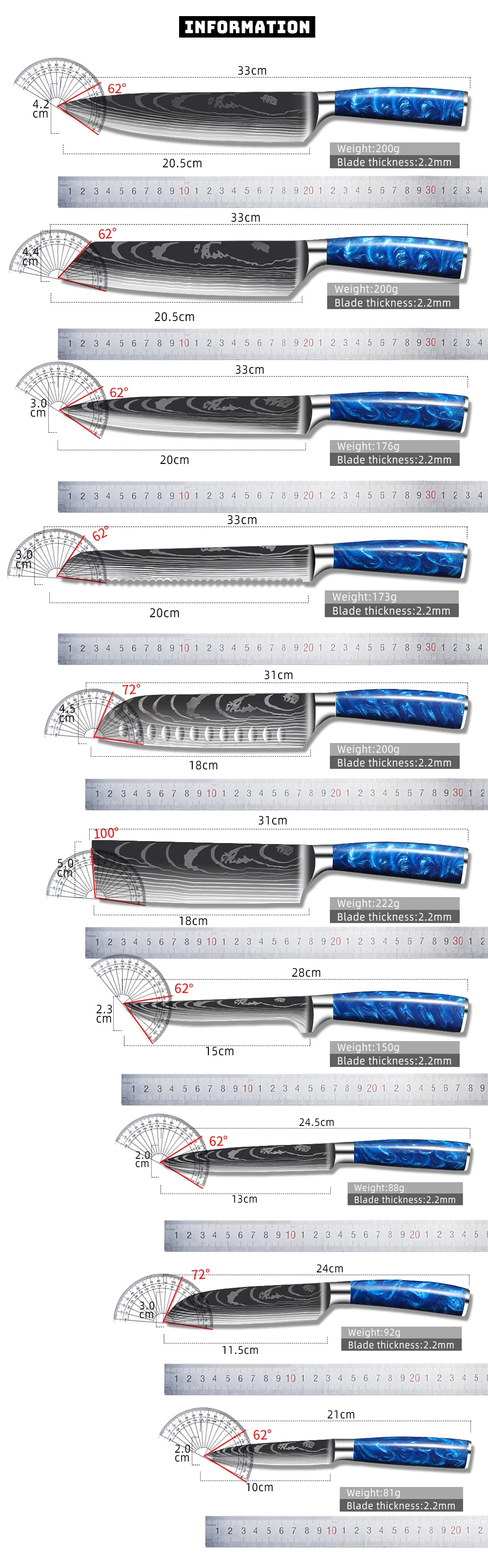 TJ POP Stainless Steel Kitchen Knives 1-10 Pcs Sets Laser Damascus Pattern Sharp Japanese Santoku Kiritsuke Chef Cutting Knife